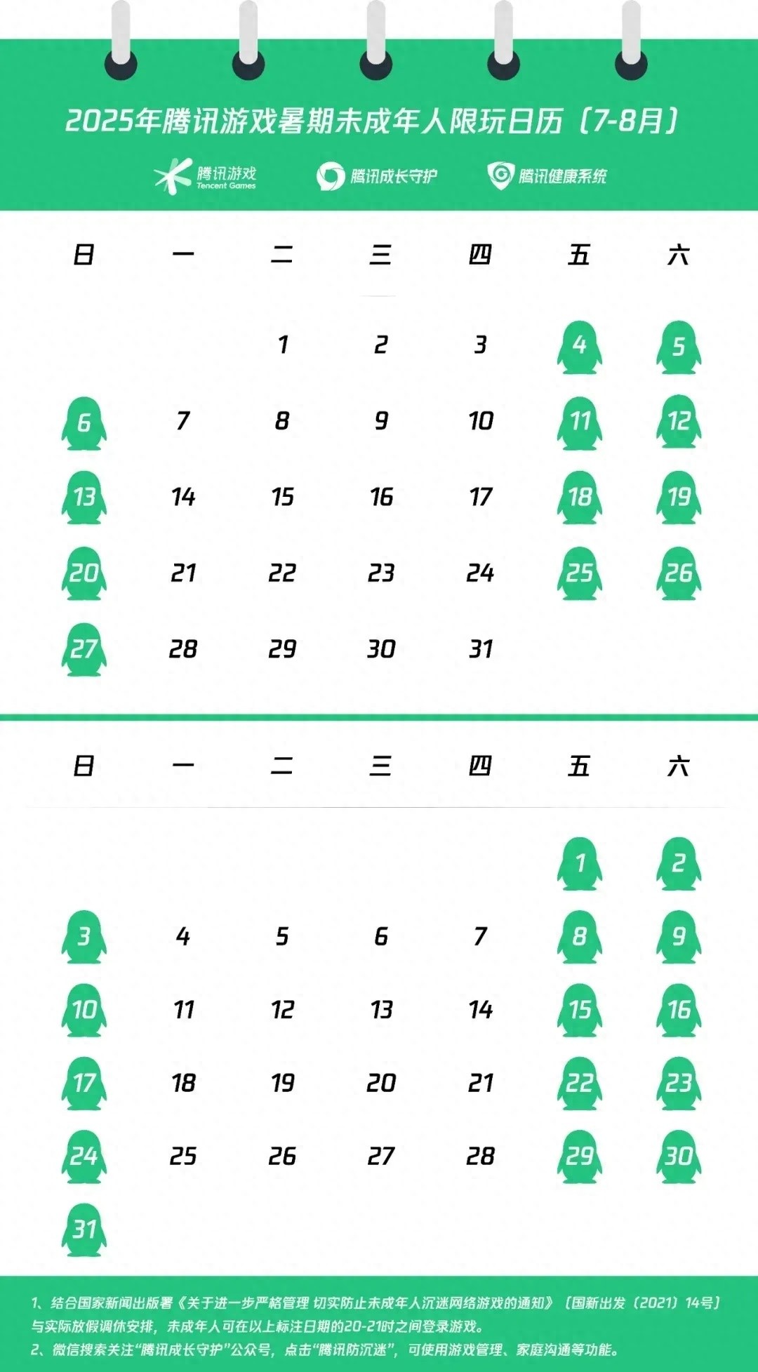 不超过27小时！腾讯、网易发布暑期未成年人游戏限玩日历