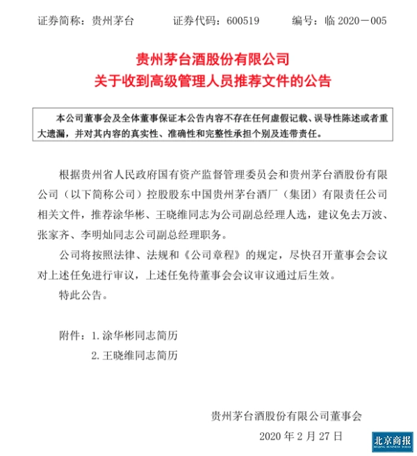 贵州茅台领导班子调整 推荐新任监事会主席及三名副总