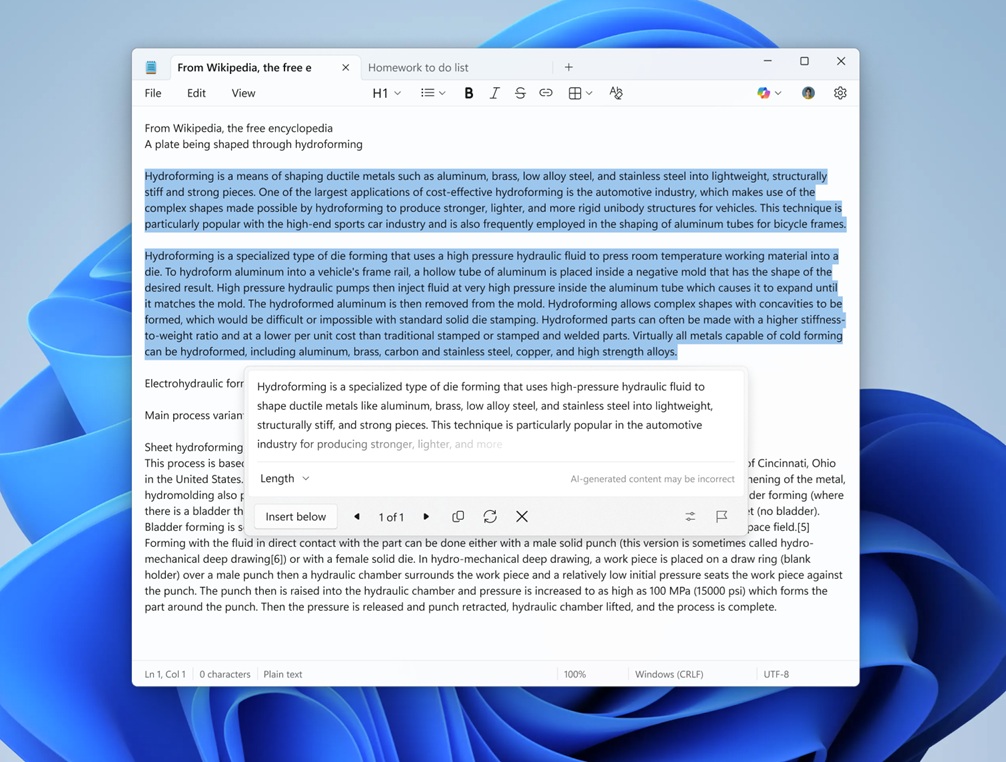 Windows 11记事本再升级 引入可选AI功能与富文本格式 ​
