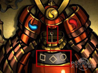 在头盔上从左往右分别放入蓝色、黄色和红色勾玉